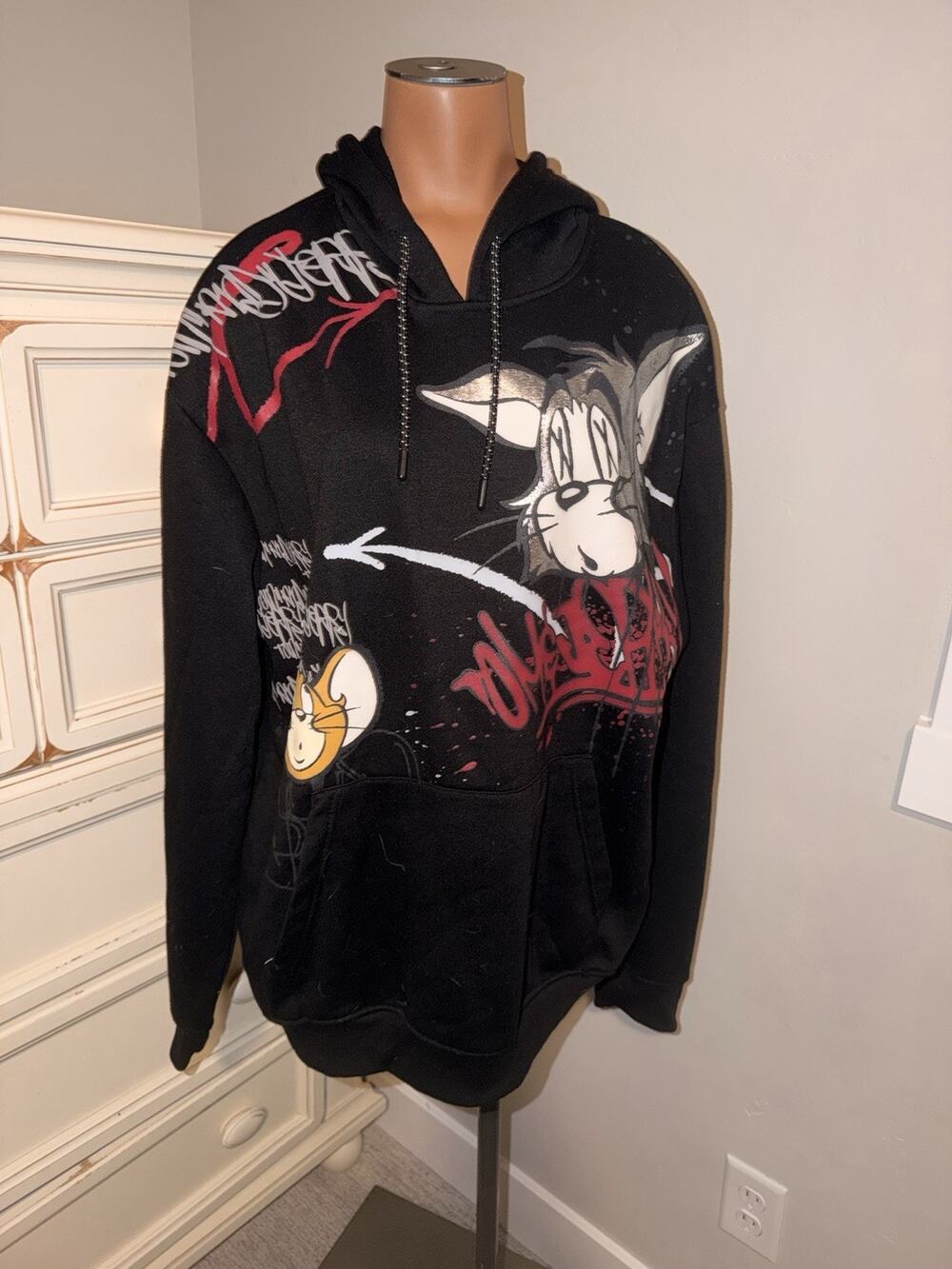 RARE Y2K Tom & Jerry Hoodie Sweatshirt Black Size XL